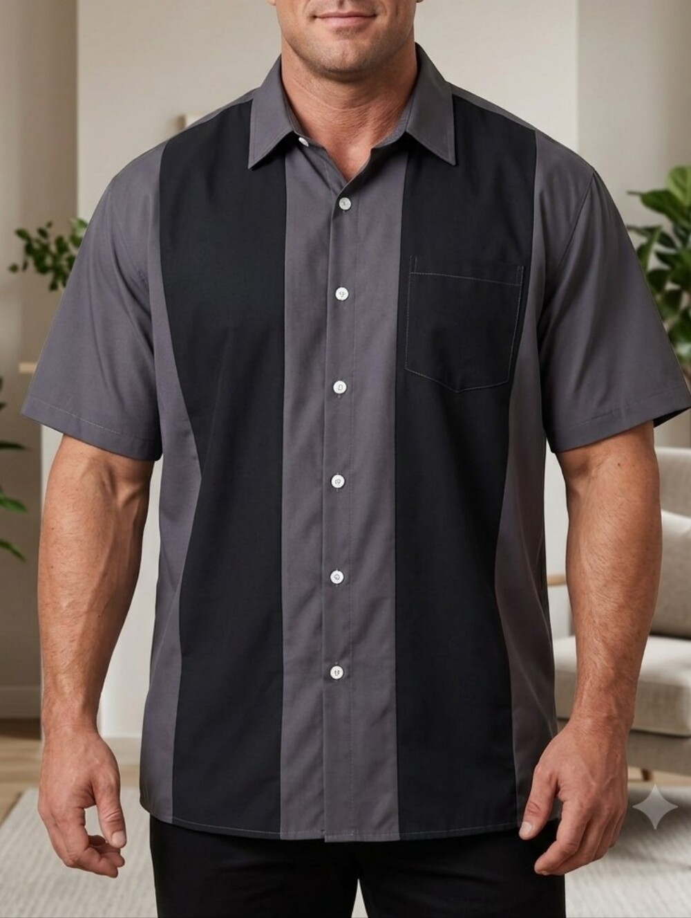 Hardaddy Men’s Gray & Black Color-Block Bowling Summer Retro Shirt, Size XXL